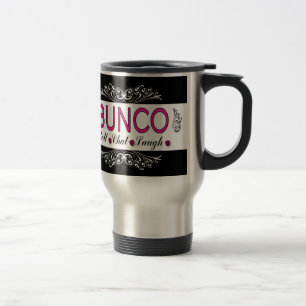Bunco, Roll, Chat, Laugh In Pink, Black and White Travel Mug