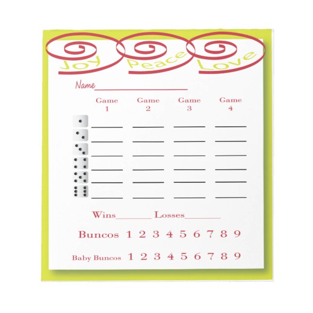 bunco score pad - joy, peace, love (Front)