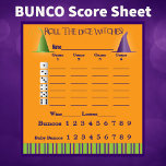 Bunco Score Pad October Theme Witch Halloween<br><div class="desc">Here is an attractive Halloween Inspired Bunco Score Pad to use at your next Bunco event. Features text that reads "Roll The Dice Witches" and two witches hats. Add some fun to your Halloween Bunco Party. Features easy to read text, includes Baby Buncos, Bunco, WIns and Losses. Dice are featured...</div>