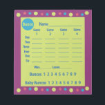 bunco score pad or score card - polka dots<br><div class="desc">Add some pizzazz to your bunco events with this stylish score pad. Featured are colorful green, blue and pink polka dots on a purple background. Score pad includes baby buncos also known as small buncos or funcos. Easy to read score pad shows dice and has columns for four rounds of...</div>