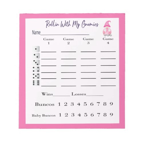 Bunco Score Sheet Pad Cute Gnome Pink
