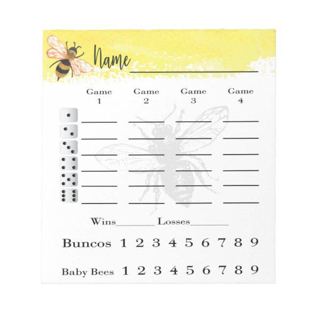 Bunco Score Sheets Bee Notepad (Front)