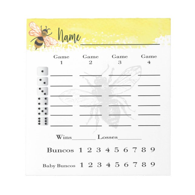 Bunco Score Sheets Bee Notepad (Front)