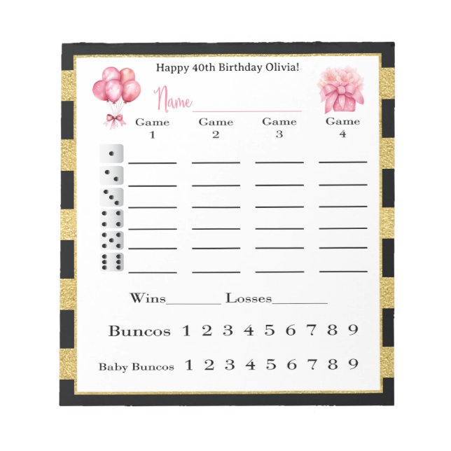 Bunco Score Sheets Black, Gold Birthday Notepad (Front)