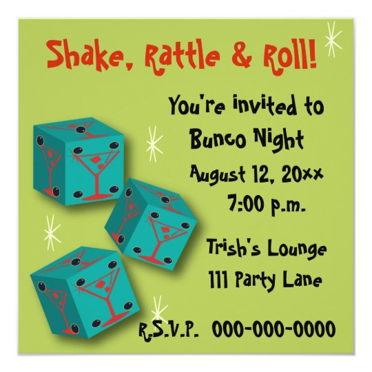 Bunco Shake Rattle Roll Martini Dice Invite Zazzle Com