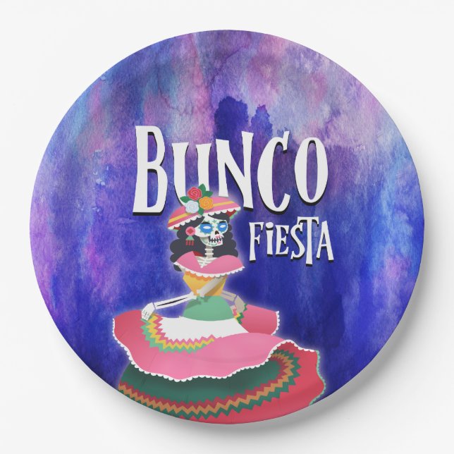 Bunco Skeleton Day of The Dead Fiesta Party Paper Plates (Front)
