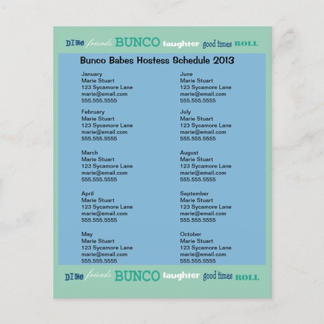 Bunco Subway Hosting Calendar Flyer (Front)