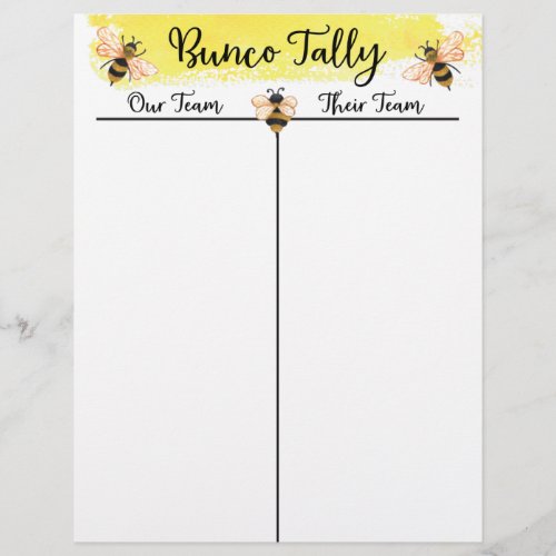 Bunco Tally Score Sheet Bee