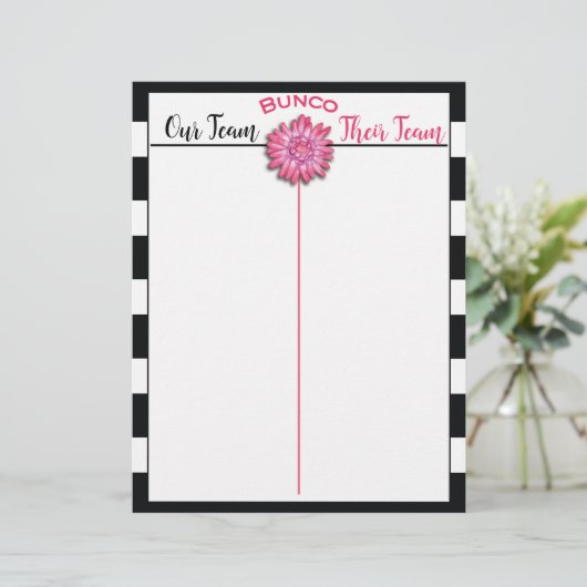 Bunco Tally Score Sheet Black & White Pink Flower (Standing Front)