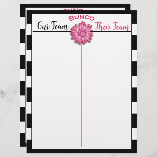 Bunco Tally Score Sheet Black & White Pink Flower (Front/Back)