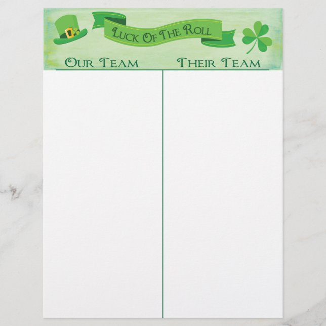 Bunco Tally Score Sheet Lucky Irish Saint Patrick (Front)