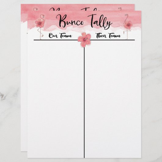 Bunco Tally Score Sheet Tropical Pink Flamingo Fun (Front/Back)
