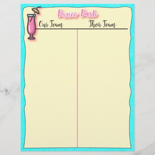 Bunco Tally Sheet - Pink Tropical Beach Drink (Front)