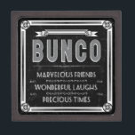 Bunco Vintage Typography Jewelry Box<br><div class="desc">Fun and festive Bunco vintage typography graphic art design.  Bunco inspired art work features a vintage style border,  ribbon,  ornament embellishments,  and the words: Bunco,  Marvelous Friends,  Wonderful Laughs and Precious Times.  Bunco items are perfect for Bunco night,  Bunco prizes,  Bunco decorating and Bunco gifts.</div>