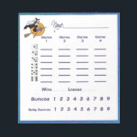 Bunco Witch Halloween  - Score Pad/ Score Sheet Notepad<br><div class="desc">Wonderful watercolor background accents this Halloween themed Bunco score pad or score sheets. Featured one flying witch Bunco player flying on her broomstick and carrying her purse. Easy scoring score displays a die for each round of play. Simply add a w for win or a l for lose during each...</div>