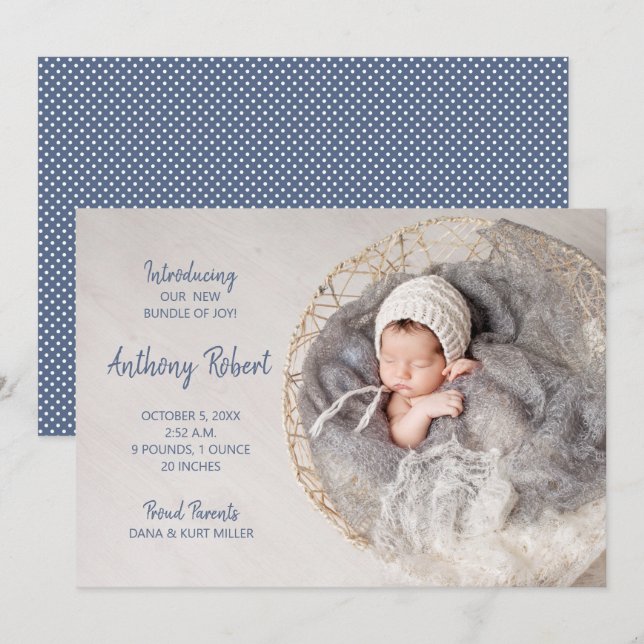 Bundle of Joy Baby Boy Photo Birth Announcements (Front/Back)