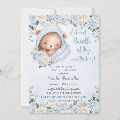 Bundle of Joy Bear Blue Floral Boy Baby Shower Invitation
