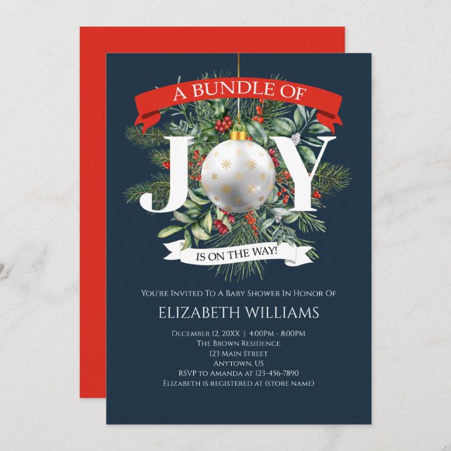 Bundle Of Joy Christmas Greenery Baby Shower Invitation (Front/Back)