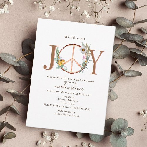 Bundle Of Joy Floral Peace Sign Boho Baby Shower Invitation