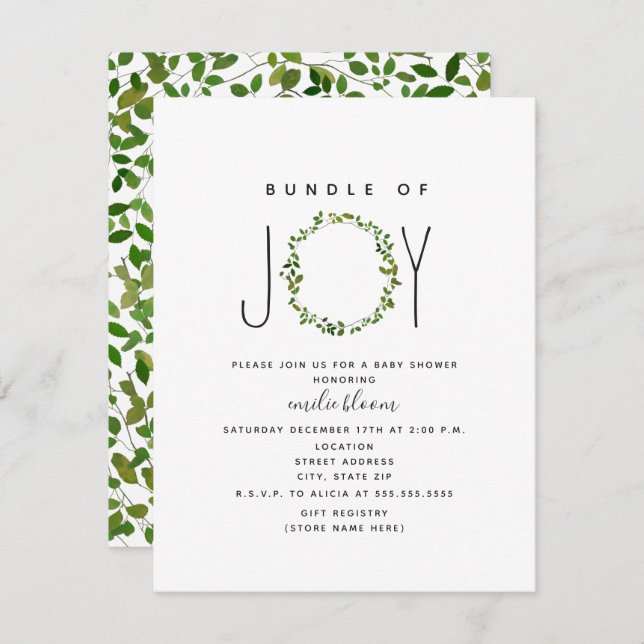 Bundle Of Joy Greenery Wreath Neutral Baby Shower Invitation (Front/Back)