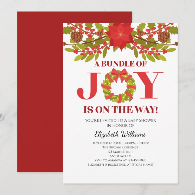 Bundle Of Joy Poinsettia Christmas Baby Shower Invitation (Front/Back)