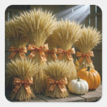 Bundled Wheat Sheaves In Barn With Pumpkins Square Sticker