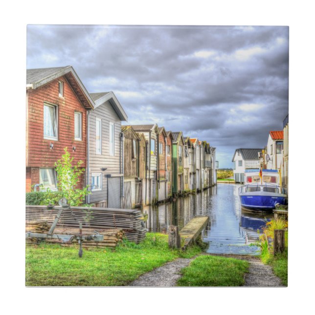 Bungalow Harbor Scenary Boat Landscape            Ceramic Tile (Front)