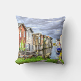 Bungalow Harbor Scenary Boat Landscape Throw Pillow