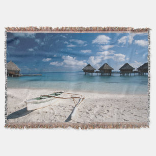 Bungalows from beach Motu Toopua Throw Blanket