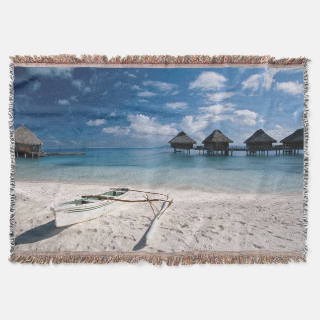 Bungalows from beach Motu Toopua Throw Blanket (Front)