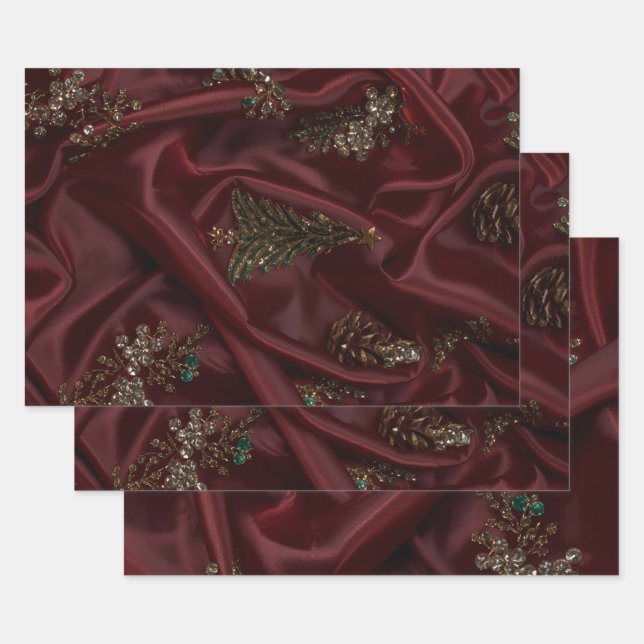 Bungundy Silk-Look Diamond Encrusted Wrapping Paper Sheets (Set)