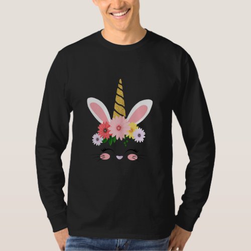 Bunnicorn Easter With Floral Unicorn And Bunny Ear T_Shirt