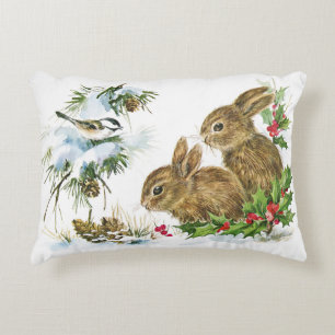 Bunnies and Bird Enjoy Christmas Snow Decorative Pillow