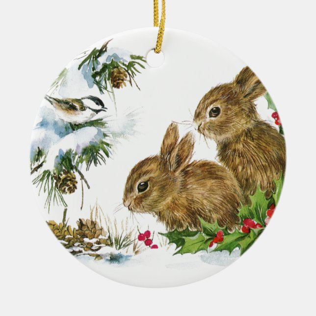 Bunnies and Bird Enjoy Snow Ceramic Ornament (Front)