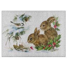 Bunnies and Bird Enjoy Snow Christmas Cutting Board