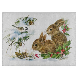 Bunnies and Bird Enjoy Snow Christmas Cutting Board