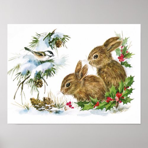 Bunnies and Bird Enjoy Snow Christmas Decor Print