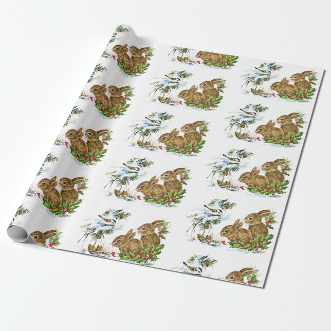 Bunnies and Bird Enjoy Snow Christmas  Wrapping Paper (Unrolled)