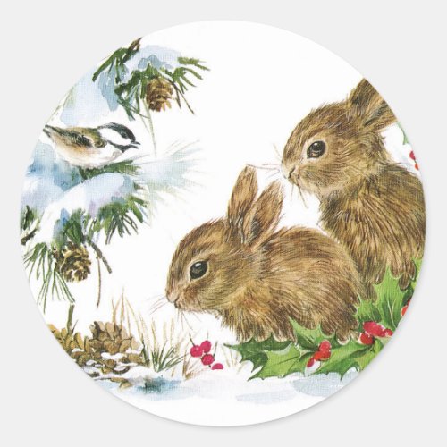 Bunnies and Bird Enjoy Snow Classic Round Sticker