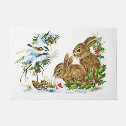 Bunnies and Bird Enjoy Snow Doormat