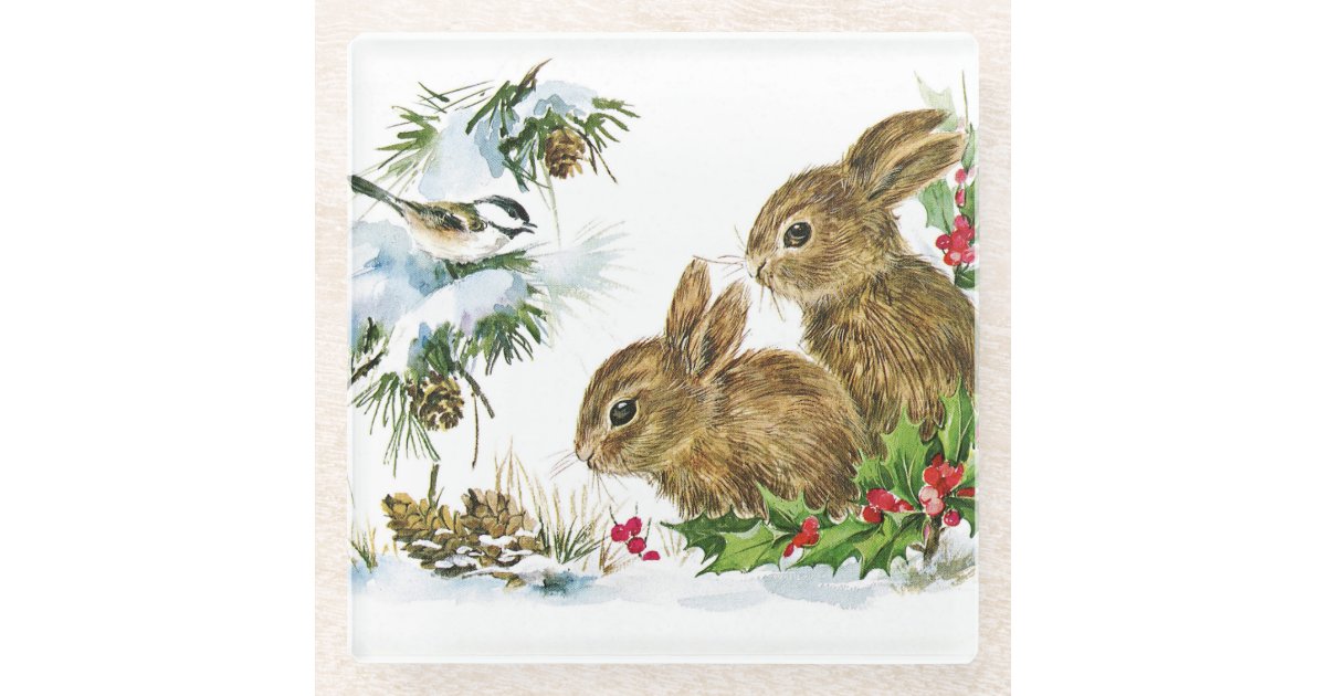 Bunnies and Bird Enjoy Snow Glass Coaster | Zazzle