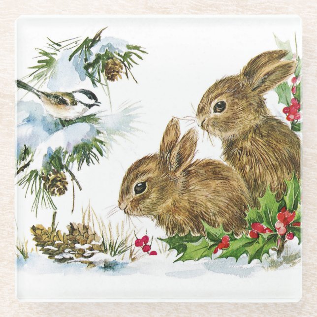 Bunnies and Bird Enjoy Snow Glass Coaster (Front)