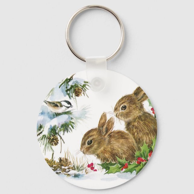 Bunnies and Bird Enjoy Snow Keychain (Front)