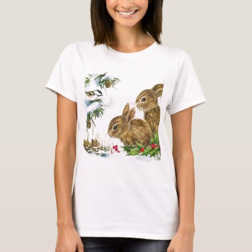 Bunnies and Bird Enjoy Snow T_Shirt