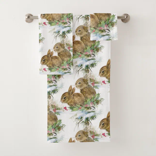 Bunnies and Bird in Snow Christmas Bath Towel Set Zazzle