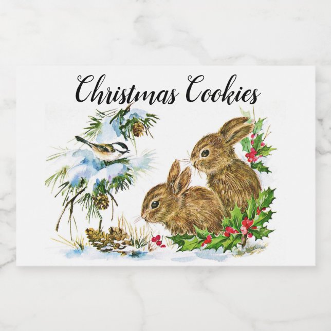 Bunnies and Birds Enjoy Snow Christmas Food Label (Single Label)