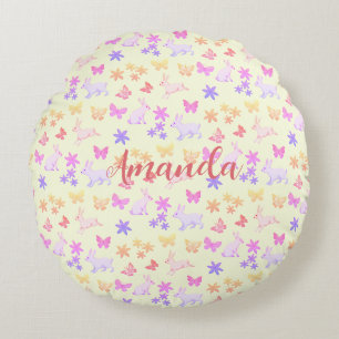 Bunnies and butterflies round pillow