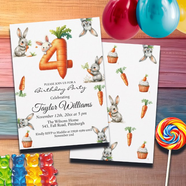 Bunnies and Carrots 4th Birthday Party Invitation (Creator Uploaded)