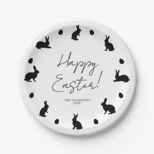 Bunnies And Eggs In Black Modern Happy Easter Paper Plates