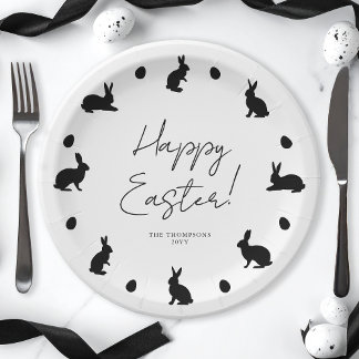 Bunnies And Eggs In Black Modern Happy Easter Paper Plates